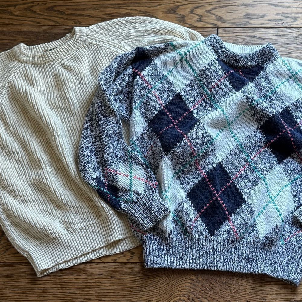 Vintage Cape‎ Isle Knitters Hand Knit Argyle Sweater & LL. Bean  XL